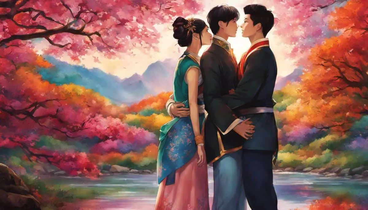 Cover image of BJ Alex, depicting the characters Donggyun and Alex embracing each other with a colorful background. 