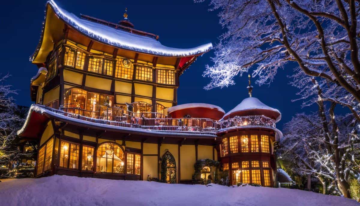 Exterior of Ghibli Museum in Mitaka during winter, with twinkling lights creating a magical ambiance.