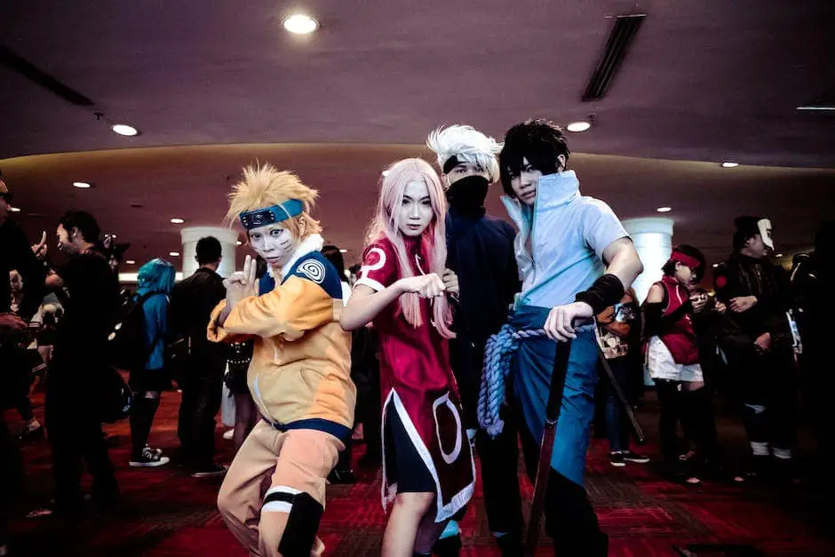 A group of people in colorful anime cosplay costumes, depicting different characters from various anime series.