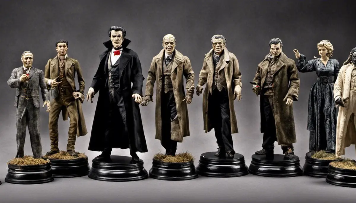 A collection of classical horror figures including Dracula, Frankenstein's monster, the Wolfman, and the Mummy.