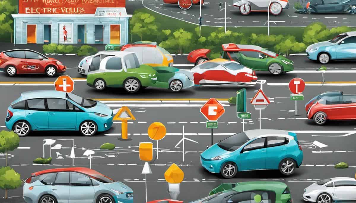 An image depicting the market dynamics of electric vehicles, showing a road with electric cars and traditional cars, surrounded by symbols representing infrastructure, economic implications, policy shifts, technological advancements, and forecasting models.