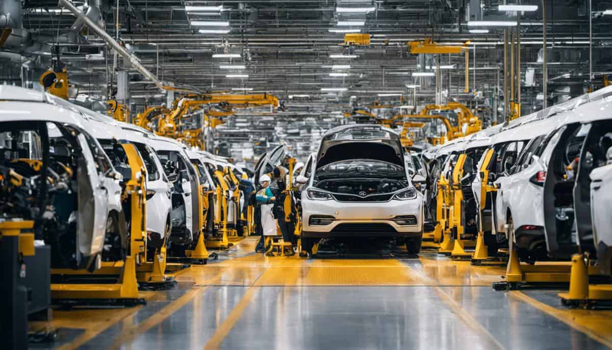 Εικόνα που απεικονίζει τη μετατόπιση θέσεων εργασίας σε συναφείς τομείς, με εργαζόμενους και ηλεκτρικά οχήματα σε εργοστάσιο κατασκευής αυτοκινήτων